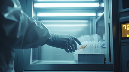 of gloved hands carefully handling virus samples inside a biosafety cabinet 