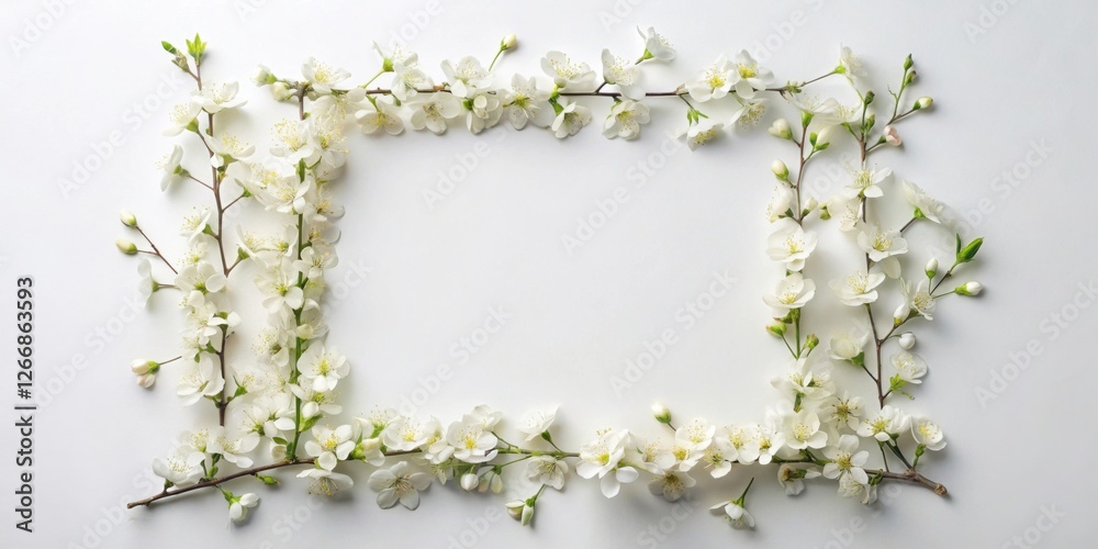 Poster delicate white blossoms forming a square frame on a pristine white background