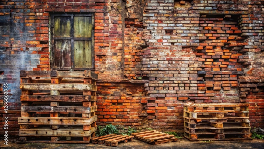 Poster a weathered brick wall, showing age and decay, with stacked reclaimed wooden pallets leaning against