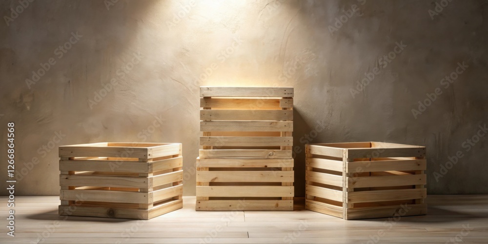 Aufkleber Three empty wooden crates arranged against a textured wall, illuminated by a soft light source