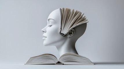 Dynamic close-up capturing a head with an open book, symbolizing the pursuit of wisdom.
