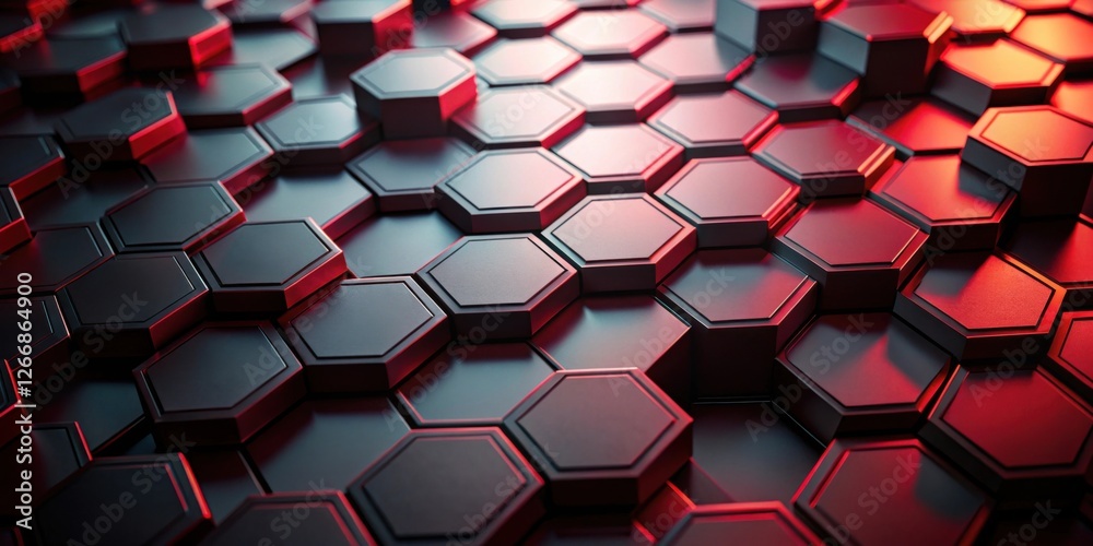 Poster Abstract Red and Black Hexagonal Pattern Background Featuring a Three-Dimensional Geometric Design with Subdued Lighting