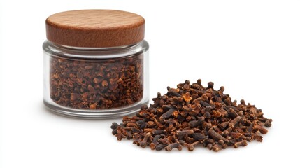 glass jar filled with dried cloves and pile of cloves beside it, showcasing their rich brown color and aromatic texture