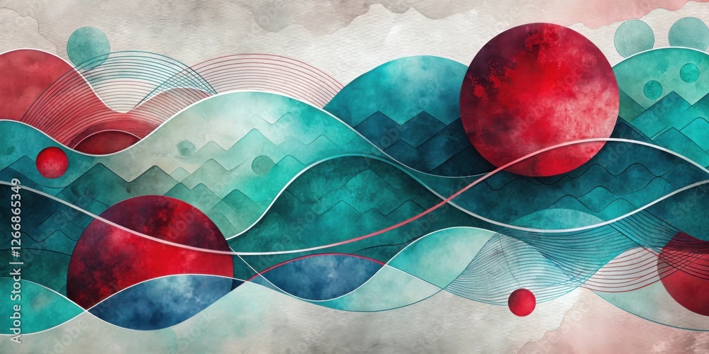 Poster abstract watercolor landscape with curving lines and geometric circles in teal and red hues