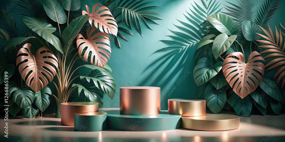 Poster lush tropical foliage backdrop with elegant metallic display platforms for product presentation and 