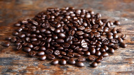 Fototapeta premium Freshly Roasted Coffee Beans on Rustic Wooden Surface