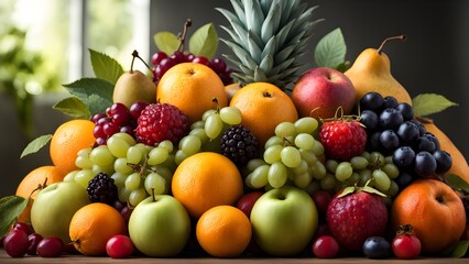 A vibrant assortment of fresh fruits, including oranges, apples, pears, grapes, berries, and pineapple, artfully arranged together.