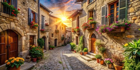 Naklejka premium Sunlit Cobblestone Lane with Vibrant Flower Boxes and Historic Stone Buildings