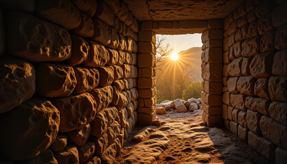 Open rock-hewn tomb with warm light and shadows creating a sacred ambiance