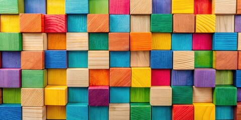 A vibrant arrangement of colorful wooden blocks, showcasing a spectrum of hues and textures, creating a captivating visual pattern for design and creative projects