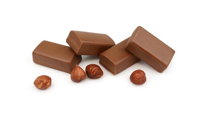 Pure hazelnut nougat bar isolated. Chocolate sweet with nougat isolated on white background.