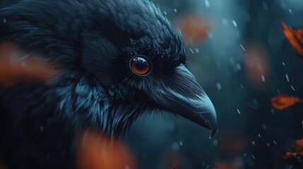 A close-up of a dark-feathered bird with striking red eyes, surrounded by blurred autumn leaves and a misty atmosphere, evoking a mysterious ambiance.