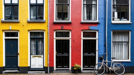 Obraz premium Colorful Dutch houses, vibrant facade, urban street, bike parked, European charm
