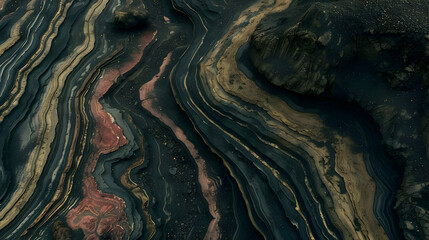 Obraz premium Abstract aerial view of colorful, flowing geological formations resembling paint swirls.