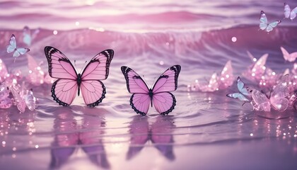 Glittery purple butterflies and ethereal sea waves background. Shimmering reflections and pink pastel aesthetic.