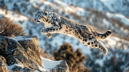 Snow Leopard Leap: Majestic Feline Art