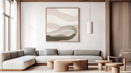 A modern living room featuring a minimalist design with a large abstract painting, comfortable seating, and natural wood accents.