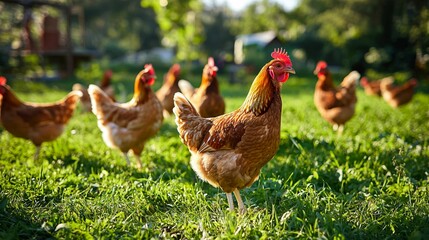 Fototapeta premium A Vibrant Scene of Free-Range Chickens Gracefully Roaming on Lush Green Grass in a Serene Farm Environment Under Soft Natural Light