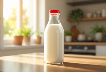 Fresh Milk Bottle in Sunlit Kitchen Surrounded by Lush Plants and Warmth. Generative AI