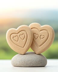 Obraz premium Romantic Twin Hearts Eternal Love Symbolism Two heart-shaped stones symbolizing love and connection on a serene background.