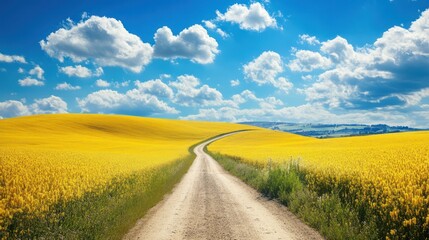 Sunny rural road curves through yellow rapeseed field