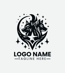 Wolf and Star Logo Design, Lunar Wolf Logo, Celestial Wolf Logo, Nocturnal Animal Logo