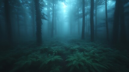 Fototapeta premium Enigmatic Foggy Forest Path Ferns and Trees