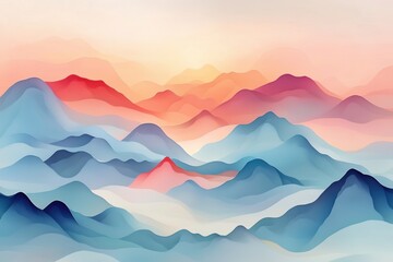 A serene landscape of layered mountains, featuring soft pastel colors blending at sunrise, evoking a sense of calm and tranquility.