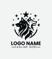 Wolf and Star Logo Design, Lunar Wolf Logo, Celestial Wolf Logo, Nocturnal Animal Logo