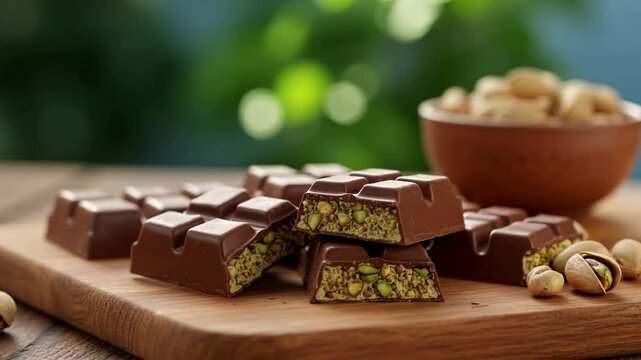 Dubai chocolate, green kataifi and peanut butter. Trendy dessert. chocolate bars pistachio filling close up soft lighting wooden tray. Horizontal video