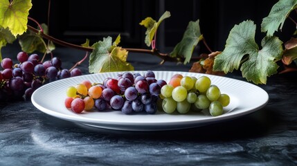 Colorful grapes on plate, vineyard leaves background, food photography, recipe illustration