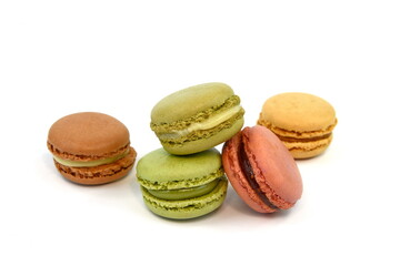 Sweet macarons assorted isolated on white background. Clipping Path. Colorful french macarons isolated 