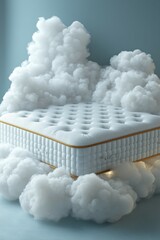 A mattress surrounded by soft, fluffy clouds. Dreamy aesthetic.