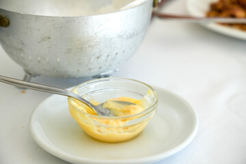 Allioli garlic sauce on bowl for spread on bread appetizer from Mediterranean Spain