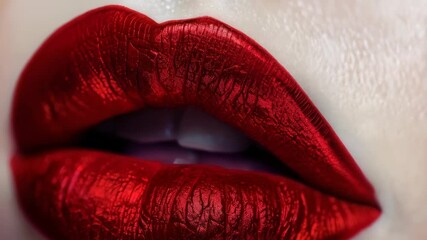 Close-up of vibrant red glossy lips displaying intricate texture and shine in a beauty-focused setting
