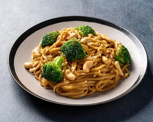 A plate of noodles with a peanut sauce and broccoli on it