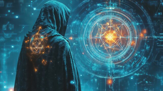 3 Futuristic being cloaked in sacred geometry symbols, cyber-aura pulsating with bioluminescent glow, a visual fusion of ancient mysticism and modernity