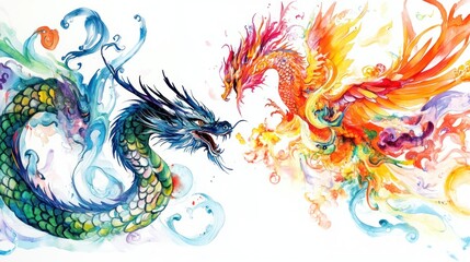 Obraz premium Dragon And Phoenix Face Off In The Sky