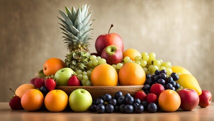 A vibrant wooden bowl overflowing with a colorful assortment of fresh fruits, including oranges, apples, grapes, strawberries, pineapple, and blueberries, sits on a wooden table against a neutral...