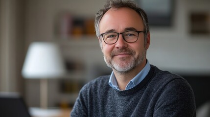 Portrait of a middle-aged man with glasses, smiling gently, inside a home setting.