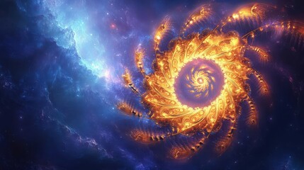 A radiant Golden Fibonacci spiral floating in a celestial background of deep blues and purples, emanating mystic energy in a high-resolution digital painting