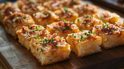 A catering-style tray of cheesy hash brown casserole squares, each topped with finely chopped chives and bacon bits, arranged elegantly on a rustic wooden cutting board