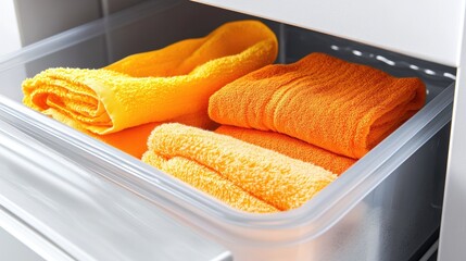 Plastic drawer organizer with neatly folded rags and towels