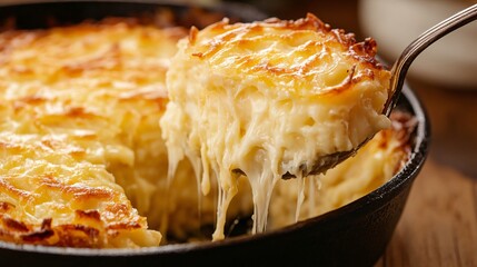 A close up of a hash brown casserole portion lifted from a skillet with a serving spoon, with gooey cheese stretching between layers, isolated on a rustic wooden countertop
