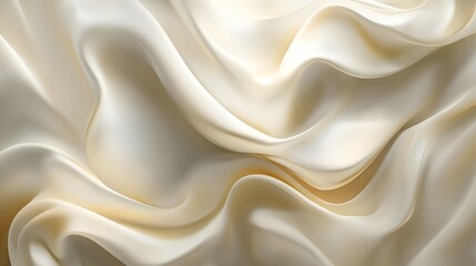 Obraz premium a close-up view of smooth, flowing, and slightly shiny cream-colored fabric with soft folds and curves, creating an elegant and luxurious texture.