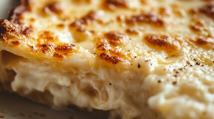 A close up of a slice of cheesy hash brown casserole, with melted cheese stretching between layers, placed on a neutral background with soft lighting