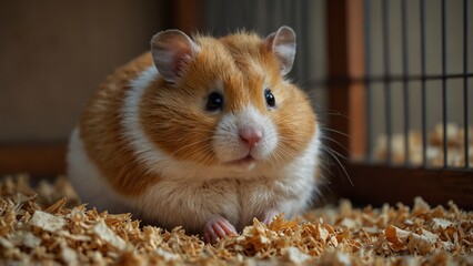 Fluffy Hamster with Curious Expression Sitting Amid Wood Shavings Against a Cage Background

