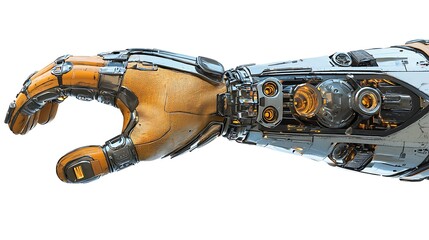 A hand with a robotic arm is shown in a white background