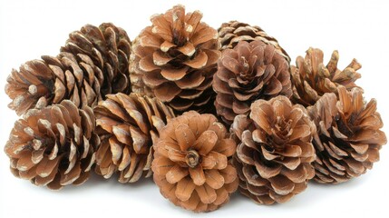 Group of natural pinecones arranged artistically on a light background for craft purposes or decoration ideas