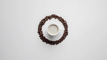 Fototapeta premium Coffee Circles of Fresh Beans Surrounding a White Cup on Table